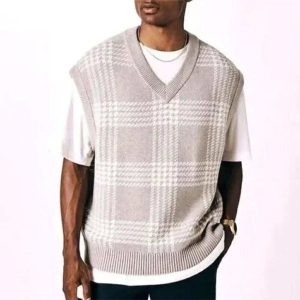 Abercrombie & Fitch Men's Gray White Plaid Oversized Boxy Sweater Vest size M